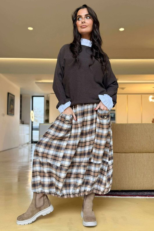 Roberta Plaid Brushed Cotton Balloon Hem Skirt Camel